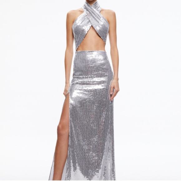 Alice + Olivia May Halter Neck Sequin Maxi Gown Dress Silver Women’s Sz 0 - Picture 1 of 8